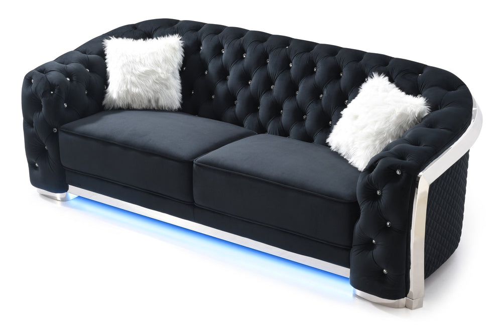 English Elm Sapphire Velvet G0593A-S Sofa Black with LED Lighting, Chrome Trim, Tufted Crystal Buttons, Luxurious B078107916