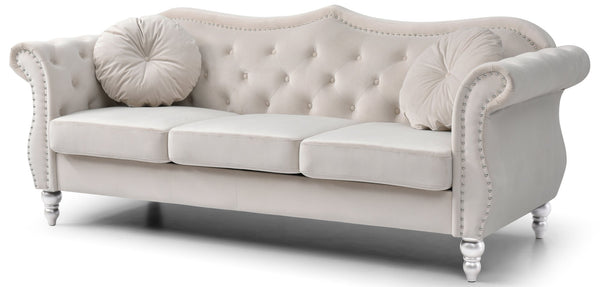 English Elm Glory Velvet Tufted Sofa Chaise with Nailhead Trim, Pocketed Coil Cushions & Hardwood Frame Ivory 14 L x 27 W x 72 H B078S00139