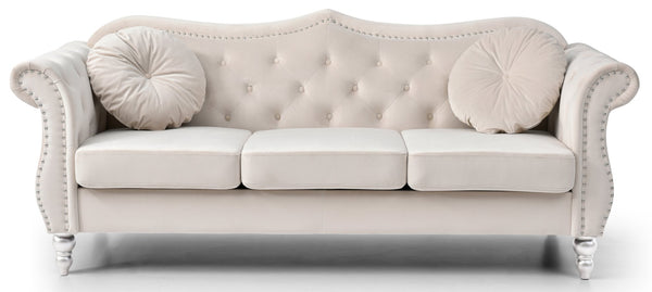 English Elm Glory Velvet Tufted Sofa Chaise with Nailhead Trim, Pocketed Coil Cushions & Hardwood Frame Ivory 14 L x 27 W x 72 H B078S00139