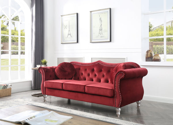 English Elm Hollywood Velvet Tufted Sofa with Nailhead Trim, Pocketed Coil Cushions, Hardwood Frame Elegance Burgundy 25 L x 24 W x 39 H B078S00142