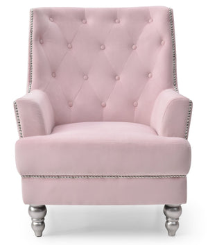 English Elm Charming Pink Velvet Round-Arm Traditional Chair — 37"H, 30"W, 33"D, No Assembly, Cozy 19" Seat B078107954
