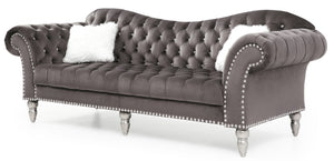 English Elm Wilshire Velvet Tufted Sofa with Nailhead Trim, Hand-Painted Wood Legs, Faux Fur Pillow Included Dark Gray 90 L x 22 W x 12 H B078S00019
