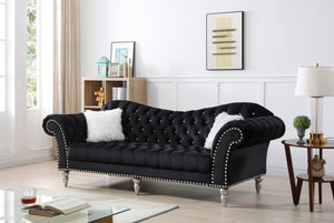 English Elm Wilshire Velvet Tufted Sofa with Nailhead Trim, Hand-Painted Wood Legs, Faux Fur Pillow Included Black 90 L x 22 W x 12 H B078S00021