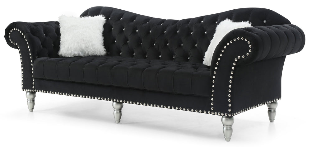 English Elm Wilshire Velvet Tufted Sofa with Nailhead Trim, Hand-Painted Wood Legs, Faux Fur Pillow Included Black 90 L x 22 W x 12 H B078S00021