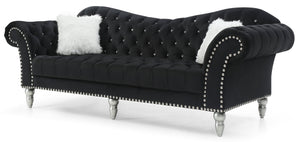 English Elm Wilshire Velvet Tufted Sofa with Nailhead Trim, Hand-Painted Wood Legs, Faux Fur Pillow Included Black 90 L x 22 W x 12 H B078S00021