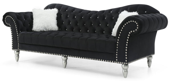 English Elm Wilshire Velvet Tufted Sofa with Nailhead Trim, Hand-Painted Wood Legs, Faux Fur Pillow Included Black 90 L x 22 W x 12 H B078S00021
