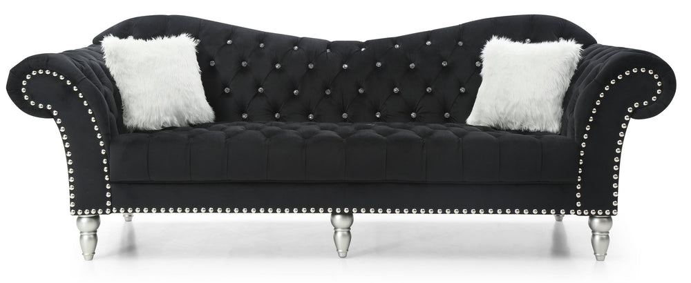 English Elm Wilshire Velvet Tufted Sofa with Nailhead Trim, Hand-Painted Wood Legs, Faux Fur Pillow Included Black 90 L x 22 W x 12 H B078S00021