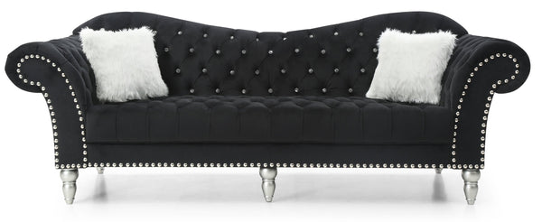 English Elm Wilshire Velvet Tufted Sofa with Nailhead Trim, Hand-Painted Wood Legs, Faux Fur Pillow Included Black 90 L x 22 W x 12 H B078S00021
