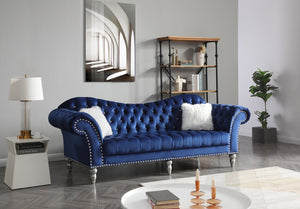 English Elm Wilshire Velvet Tufted Sofa with Nailhead Trim, Hand-Painted Wood Legs, Faux Fur Pillow Included Blue 90 L x 22 W x 12 H B078S00023
