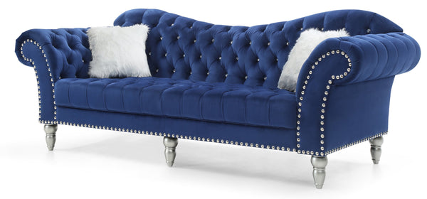 English Elm Wilshire Velvet Tufted Sofa with Nailhead Trim, Hand-Painted Wood Legs, Faux Fur Pillow Included Blue 90 L x 22 W x 12 H B078S00023