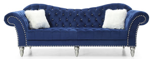 English Elm Wilshire Velvet Tufted Sofa with Nailhead Trim, Hand-Painted Wood Legs, Faux Fur Pillow Included Blue 90 L x 22 W x 12 H B078S00023