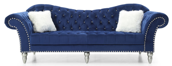 English Elm Wilshire Velvet Tufted Sofa with Nailhead Trim, Hand-Painted Wood Legs, Faux Fur Pillow Included Blue 90 L x 22 W x 12 H B078S00023