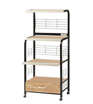 ORE International 60In Black Metal Kitchen Cart with Beech Shelves Built-In Outlets and Locking Casters Black / Beech G571B