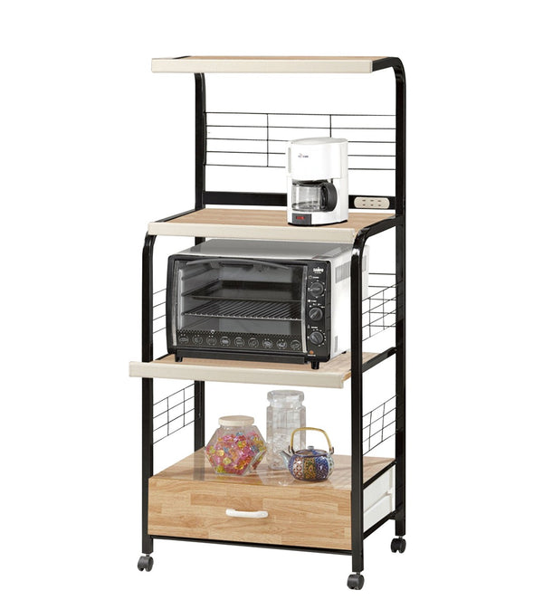 ORE International 60In Black Metal Kitchen Cart with Beech Shelves Built-In Outlets and Locking Casters Black / Beech G571B