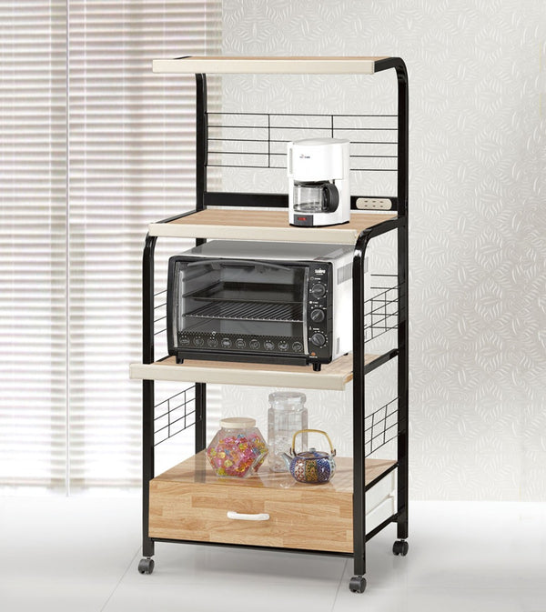 ORE International 60In Black Metal Kitchen Cart with Beech Shelves Built-In Outlets and Locking Casters Black / Beech G571B