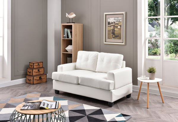English Elm Charming White PU Transitional Loveseat — 36"H x 58"W Cozy Saddle Arms, Easy-Care Finish, Seats Two B078S00056