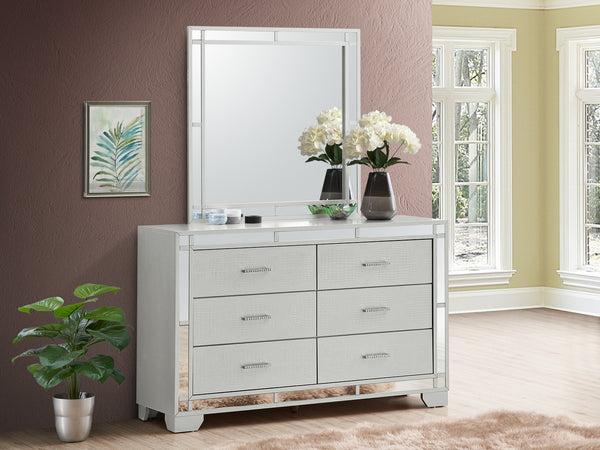 English Elm Madison Glam Dresser with Croc-Textured Embossed Wood, Mirror Accents & Jeweled Handles for Luxe Decor Champagne 20 L x 62 W x 38 H B078108367