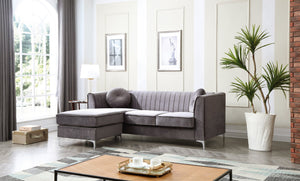 English Elm Delray Channel Quilted Velvet Sectional Sofa Chaise with Glam Chrome Legs Gray B078S00073