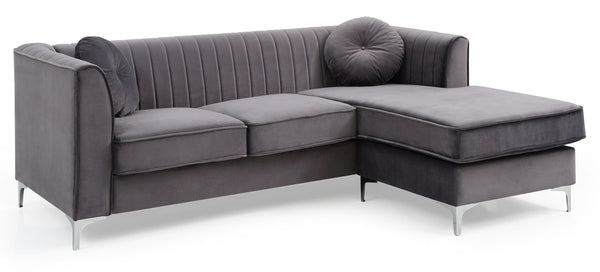 English Elm Delray Channel Quilted Velvet Sectional Sofa Chaise with Glam Chrome Legs Gray B078S00073