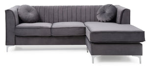 English Elm Delray Channel Quilted Velvet Sectional Sofa Chaise with Glam Chrome Legs Gray B078S00073