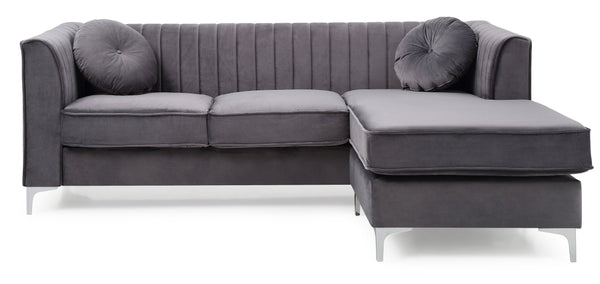 English Elm Delray Channel Quilted Velvet Sectional Sofa Chaise with Glam Chrome Legs Gray B078S00073