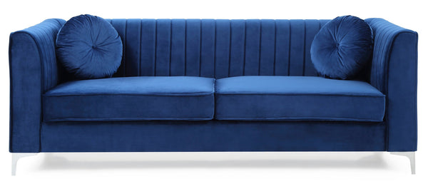 English Elm Delray Glam Velvet Sofa with Chrome Legs and Pocketed Coil Cushions, Channel Quilting & Pillows Navy Blue 26 L x 37 W x 26 H B078S00463