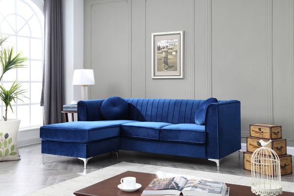 English Elm Delray Channel Quilted Velvet Sectional Sofa Chaise with Glam Chrome Legs Navy Blue B078S00075