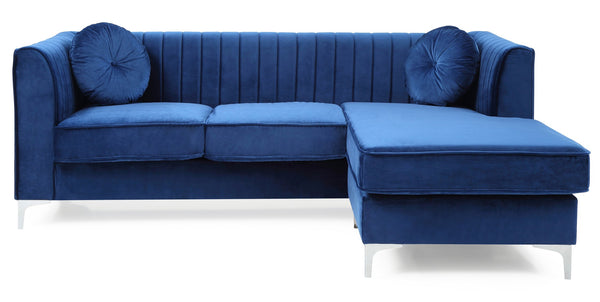 English Elm Delray Channel Quilted Velvet Sectional Sofa Chaise with Glam Chrome Legs Navy Blue B078S00075