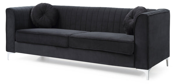 English Elm Delray Glam Velvet Sofa with Chrome Legs and Pocketed Coil Cushions, Channel Quilting & Pillows Black 26 L x 37 W x 26 H B078S00464