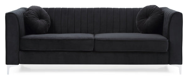 English Elm Delray Glam Velvet Sofa with Chrome Legs and Pocketed Coil Cushions, Channel Quilting & Pillows Black 26 L x 37 W x 26 H B078S00464