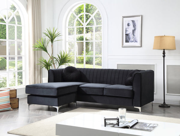 English Elm Delray Channel Quilted Velvet Sectional Sofa Chaise with Glam Chrome Legs Black B078S00080