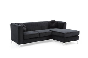 English Elm Delray Channel Quilted Velvet Sectional Sofa Chaise with Glam Chrome Legs Black B078S00080