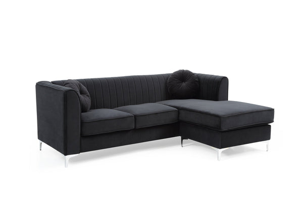 English Elm Delray Channel Quilted Velvet Sectional Sofa Chaise with Glam Chrome Legs Black B078S00080