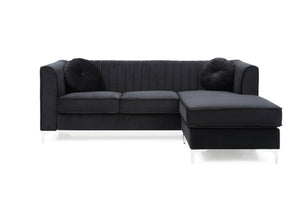 English Elm Delray Channel Quilted Velvet Sectional Sofa Chaise with Glam Chrome Legs Black B078S00080