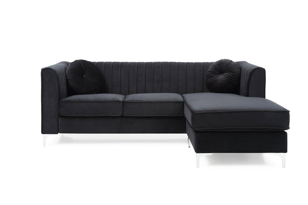 English Elm Delray Channel Quilted Velvet Sectional Sofa Chaise with Glam Chrome Legs Black B078S00080