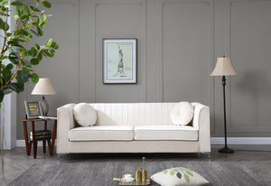 English Elm Delray Glam Velvet Sofa with Chrome Legs and Pocketed Coil Cushions, Channel Quilting & Pillows Ivory 26 L x 37 W x 26 H B078S00465