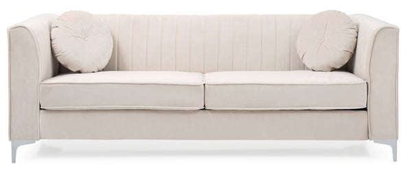 English Elm Delray Glam Velvet Sofa with Chrome Legs and Pocketed Coil Cushions, Channel Quilting & Pillows Ivory 26 L x 37 W x 26 H B078S00465