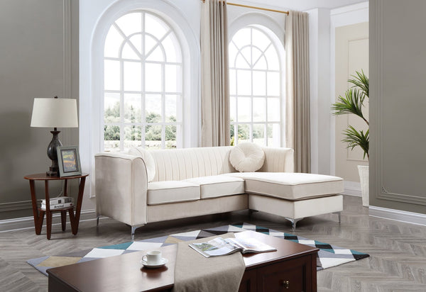 English Elm Delray Channel Quilted Velvet Sectional Sofa Chaise with Glam Chrome Legs Ivory B078S00085