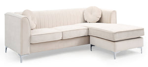 English Elm Delray Channel Quilted Velvet Sectional Sofa Chaise with Glam Chrome Legs Ivory B078S00085