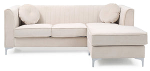 English Elm Delray Channel Quilted Velvet Sectional Sofa Chaise with Glam Chrome Legs Ivory B078S00085