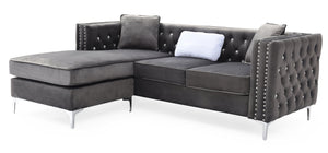 English Elm Paige Velvet Sofa Chaise Gray with Faux Jewel Tufting, Chrome Legs, KD Design for Small Spaces B078S00469