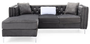 English Elm Paige Velvet Sofa Chaise Gray with Faux Jewel Tufting, Chrome Legs, KD Design for Small Spaces B078S00469