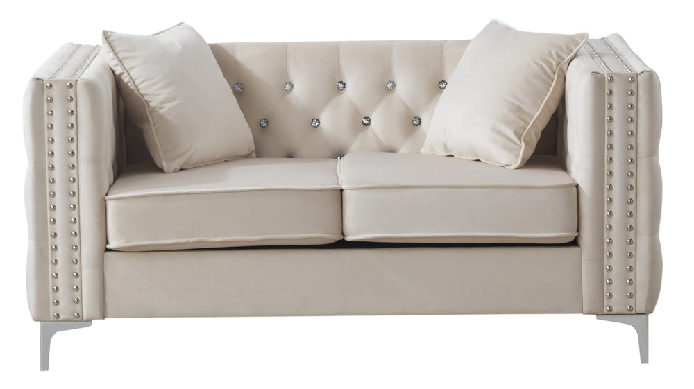 English Elm Glory Velvet Tufted Loveseat with Faux Diamond Buttons — Chic Compact 63"W Cozy Seating Appeal Ivory 33.5 L x 25.2 W x 21.3 H B078S00004