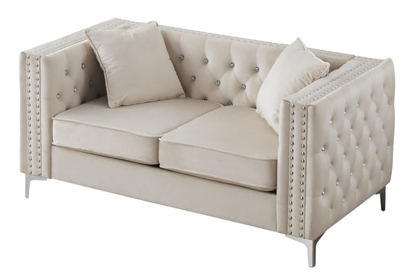 English Elm Glory Velvet Tufted Loveseat with Faux Diamond Buttons — Chic Compact 63"W Cozy Seating Appeal Ivory 33.5 L x 25.2 W x 21.3 H B078S00004