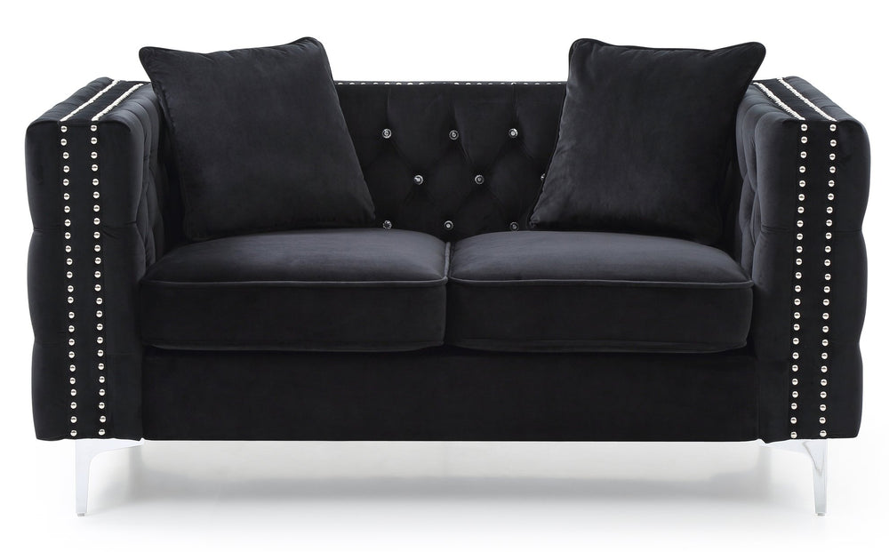 English Elm Modern Black Velvet Track Arm Loveseat with Sleek Black Finish, Contemporary Comfort for Small Spaces B078S00005