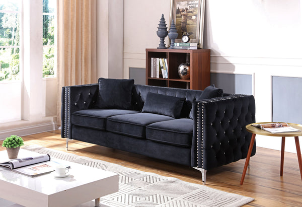 English Elm Paige Velvet Tufted Sofa Black with Faux Diamond Buttons, KD Compact Design & Chrome Legs B078S00470