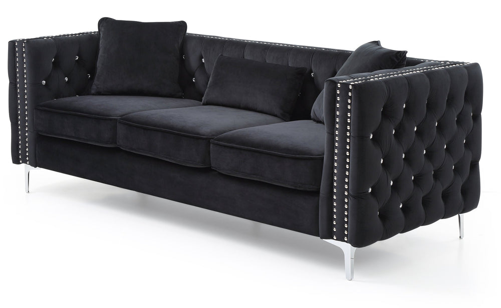 English Elm Paige Velvet Tufted Sofa Black with Faux Diamond Buttons, KD Compact Design & Chrome Legs B078S00470