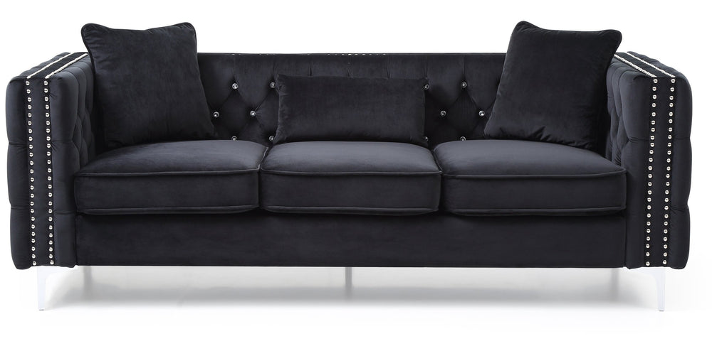 English Elm Paige Velvet Tufted Sofa Black with Faux Diamond Buttons, KD Compact Design & Chrome Legs B078S00470