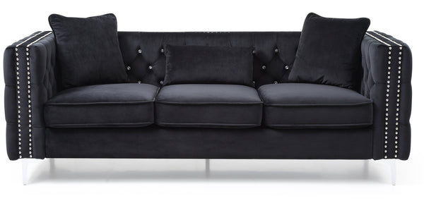 English Elm Paige Velvet Tufted Sofa Black with Faux Diamond Buttons, KD Compact Design & Chrome Legs B078S00470