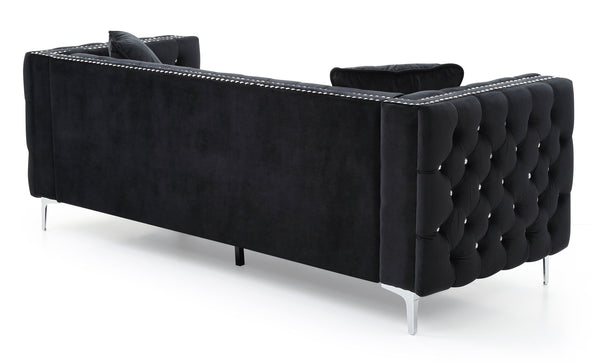 English Elm Paige Velvet Tufted Sofa Black with Faux Diamond Buttons, KD Compact Design & Chrome Legs B078S00470